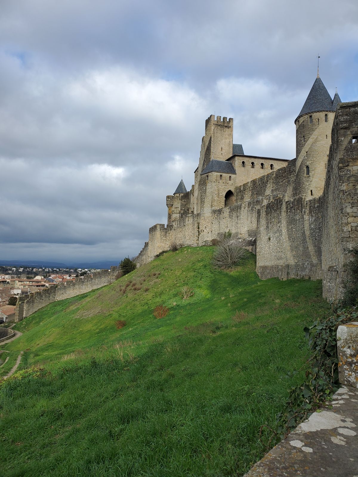 Carcassone outside castle wall overlooking the city