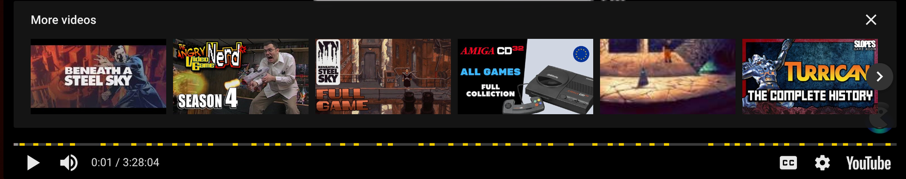 Screenshot of a Youtube embed on GOG app.  Contains many ads and each denoted on the video progress bar with a yellow sticker.